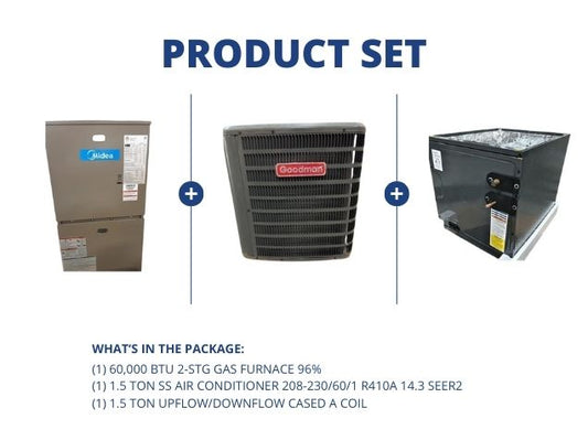 60,000 BTU ECM Multi Spd Gas Furnace 96%, 1.5 Ton 1-Stg SS AC 14.3 SEER2 and 1.5 Ton Up/Down A Coil