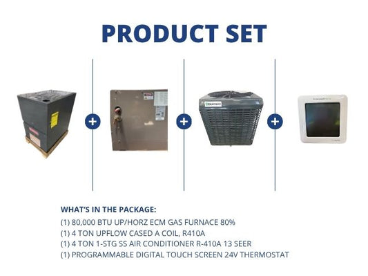 80,000 BTU Up/Horz ECM Gas Furnace 80%, 4 Ton SS AC 13 SEER, 4 Ton Upflow A Coil and 24V Thermostat