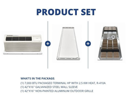 7,000 BTU Packaged Terminal HP W/ 2.5KW Heat, 42"x16" Steel Wall Sleeve with Aluminum Outdoor Grille