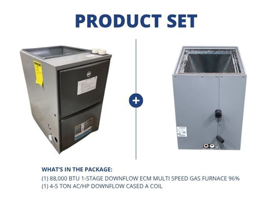 88,000 BTU 1-Stage Downflow ECM Multi Speed Gas Furnace 96% with 4-5 Ton AC/HP Downflow Cased A Coil