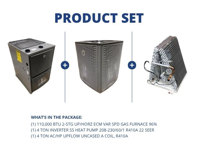 110,000 BTU Up/Horz Gas Furnace 96%, 4 Ton Inverter SS HP 22 SEER with 4 Ton Upflow Uncased A Coil