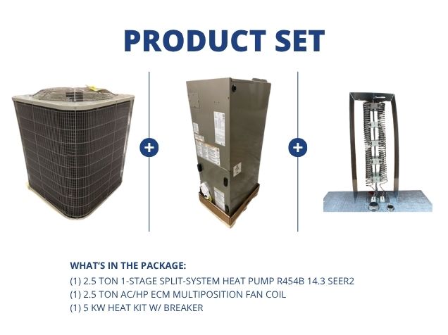 2.5 Ton 1-Stg SS HP R454B 14.3 SEER2, 2.5 Ton AC/HP ECM Multi Fan Coil and 5 KW Heat Kit w/ Breaker