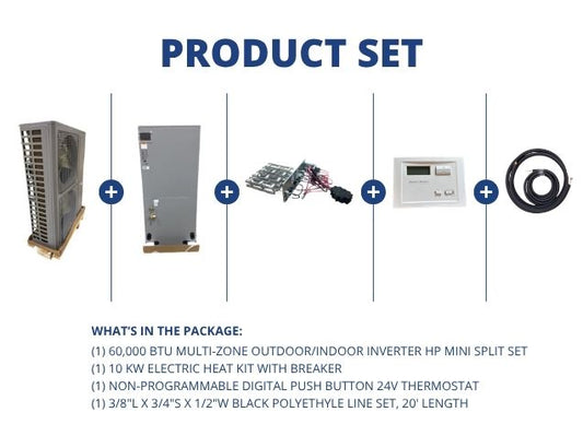 60,000 BTU Outdoor/Indoor Inverter HP Mini Split Set 18 SEER 10KW Heat, 24V Thermostat, 20' Lineset