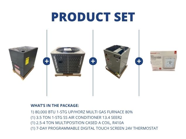 80,000 BTU Up/Horz Gas Furnace 80%, 3.5 Ton AC 13.4 SEER2, 2.5-4 Ton Multi A Coil and 24V Thermostat