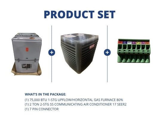 75,000 BTU 1-Stg Up/Horz Gas Furnace 80% and 2 Ton 2-Stg SS Comm AC 17 SEER2 with 7 Pin Connector