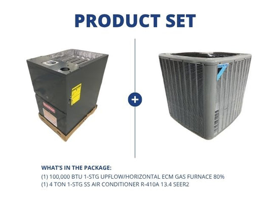 100,000 BTU 1-Stg Up/Horz ECM Gas Furnace 80% and 4 Ton 1-Stg SS Air Conditioner R-410A 13.4 SEER2