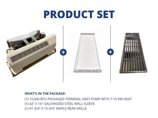15,000 BTU Packaged Terminal Heat Pump W/ 7-15 KW Heat, 42" x 16" Steel Wall Sleeve with Rear Grille
