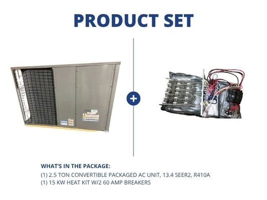 2.5 Ton Convertible Packaged AC Unit, 13.4 SEER2, R-410A and 15 Kw Heat Kit W/2 60 Amp Breakers