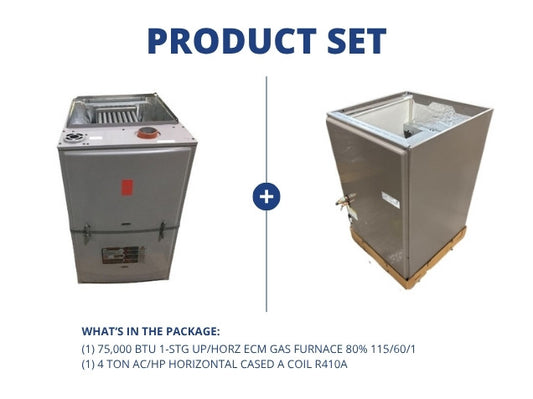 75,000 BTU 1-Stg Up/Horz ECM Gas Furnace 80% 115/60/1 and 4 Ton AC/HP Horizontal Cased A Coil, R410A
