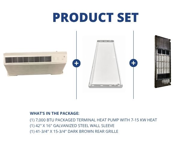 15,000 BTU Packaged Terminal Heat Pump W/ 7-15 KW Heat, 42" x 16" Steel Wall Sleeve with Rear Grille