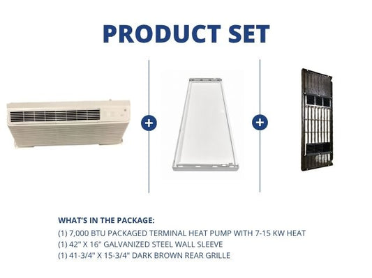 15,000 BTU Packaged Terminal Heat Pump W/ 7-15 KW Heat, 42" x 16" Steel Wall Sleeve with Rear Grille