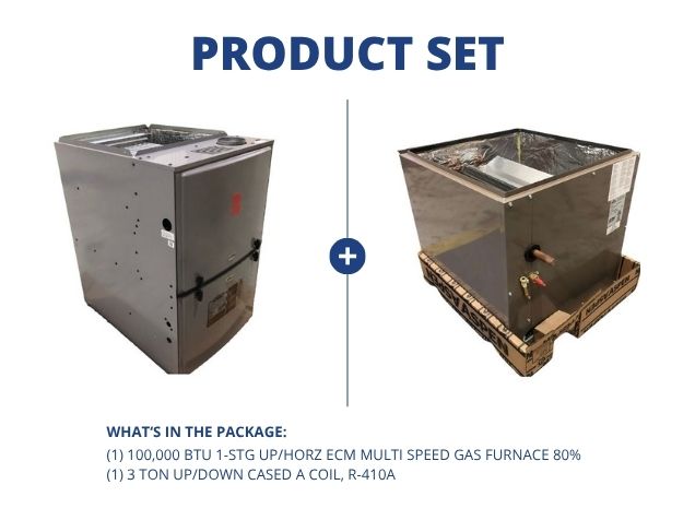 100,000 BTU 1-Stg Up/Horz ECM Multi Speed Gas Furnace 80% with 3 Ton Up/Down Cased A Coil, R-410A