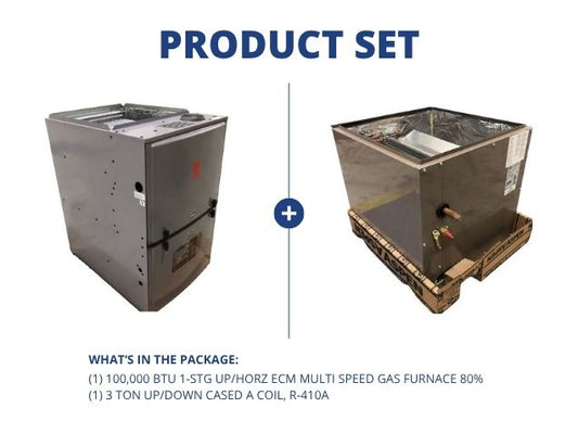 100,000 BTU 1-Stg Up/Horz ECM Multi Speed Gas Furnace 80% with 3 Ton Up/Down Cased A Coil, R-410A