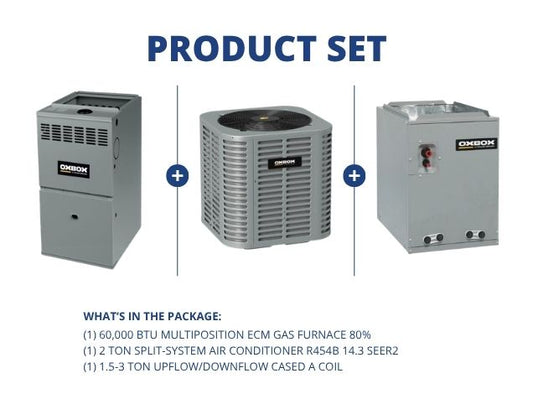 60,000 BTU Multi ECM Gas Furnace 80%, 2 Ton SS AC R454B 14.3 SEER2, 1.5-3 Ton Up/Down Cased A Coil