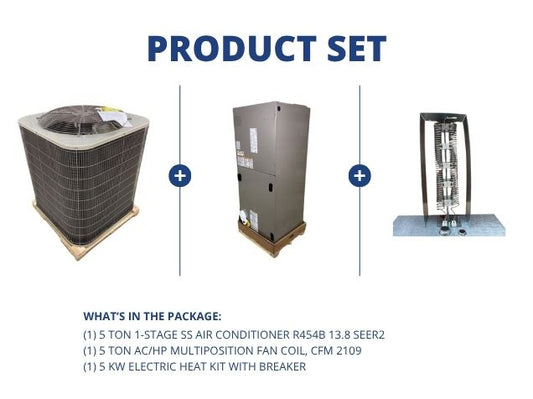 5 Ton 1-Stage SS AC R454B 13.8 SEER2, 5 Ton ECM Multiposition Fan Coil and 5 kW Heat Kit w/ Breaker