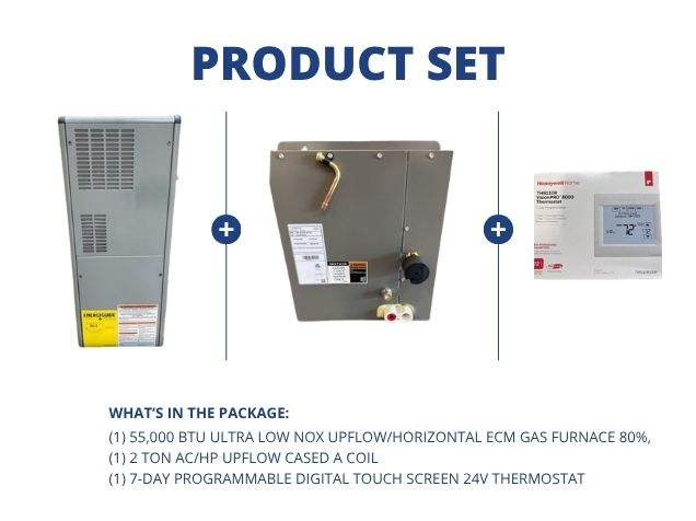 55,000 BTU Ultra Low NOx Up/Horz ECM Gas Furnace 80%, 2 Ton AC/HP Upflow Cased A Coil and Thermostat