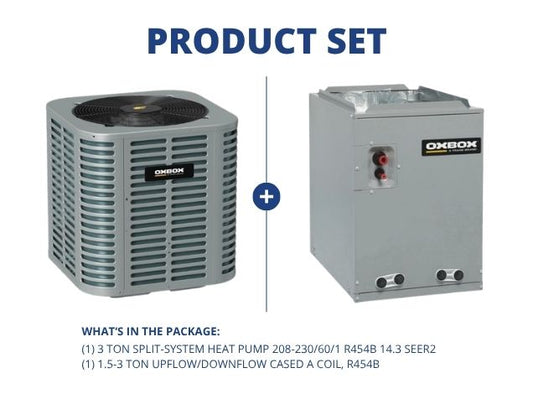 3 Ton Split-System Heat Pump 208-230/60/1 R454B 14.3 SEER2 and 1.5-3 Ton Up/Down Cased A Coil, R454B