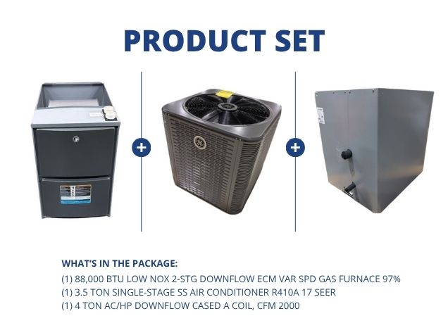 88,000 BTU Low NOx Down Gas Furnace 97%, 3.5 Ton AC R410A 17 SEER with 4 Ton AC/HP Down Cased A Coil