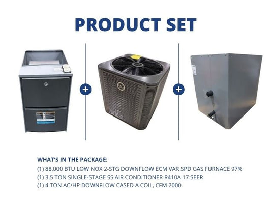 88,000 BTU Low NOx Down Gas Furnace 97%, 3.5 Ton AC R410A 17 SEER with 4 Ton AC/HP Down Cased A Coil