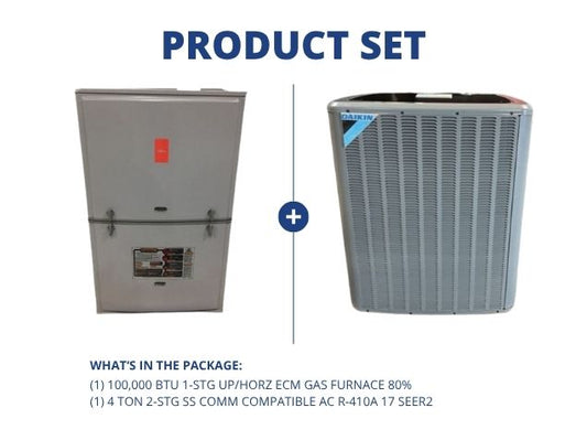 100,000 BTU 1-Stg Up/Horz ECM Gas Furnace 80% with 4 Ton 2-Stg SS Comm Compatible AC R-410A 17 SEER2