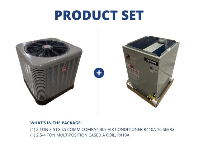 2 Ton 3-Stg SS Comm Compatible AC R410A 16 SEER2 with 2.5-4 Ton Multiposition Cased A Coil, R410A
