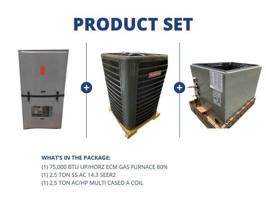 75,000 BTU Up/Horz ECM Gas Furnace 80%, 2.5 Ton SS AC 14.3 SEER2, 2.5 Ton AC/HP Multi Cased A Coil