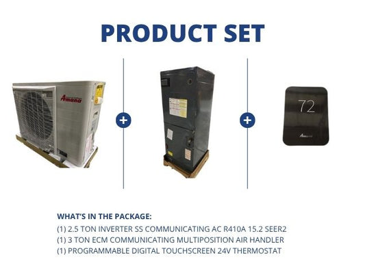2.5 Ton Inverter Comm AC R410A 15.2 SEER2, 3 Ton ECM Comm Multiposition Air Handler,  24V Thermostat