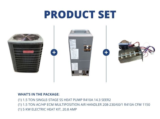 1.5 Ton Single-Stage SS Heat Pump R410A 14.3 SEER2, 1.5 Ton AC/HP ECM Multi Air Handler and 5Kw Heat