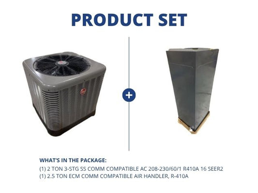 2 Ton 3-Stg SS Comm Compatible AC 16 SEER2 with 2.5 Ton ECM Comm Compatible Air Handler, R-410A