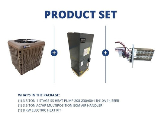3.5 Ton 1-Stage SS Heat Pump R410A 14 SEER, 3.5 Ton Multiposition ECM Air Handler with 8 kW Heat Kit