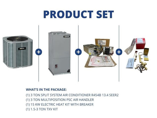 3 Ton SS AC R454B 13.4 SEER2, 3 Ton Multi Air Handler, 15KW Heat Kit with Breaker, 1.5-3 Ton TXV Kit