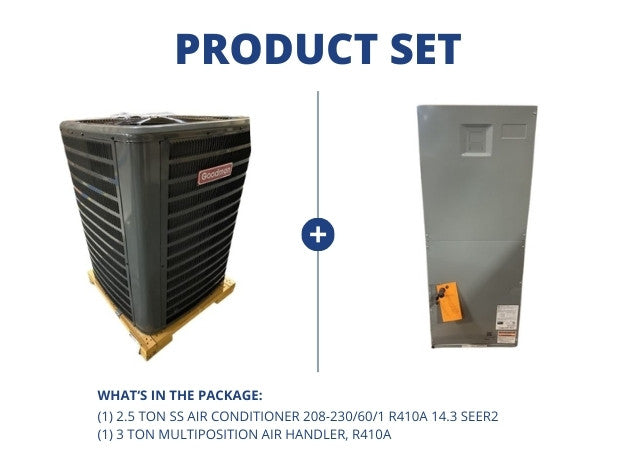2.5 Ton SS Air Conditioner 208-230/60/1 R410A 14.3 SEER2 with 3 Ton Multiposition Air Handler, R410A