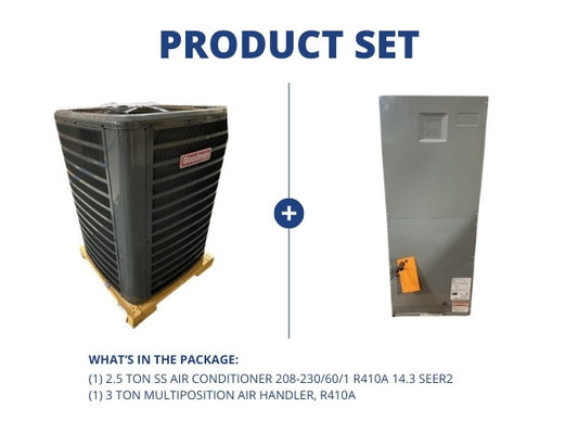 2.5 Ton SS Air Conditioner 208-230/60/1 R410A 14.3 SEER2 with 3 Ton Multiposition Air Handler, R410A