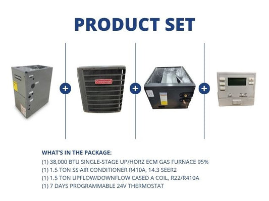 38,000 BTU Up/Horz Gas Furnace 95%, 1.5 Ton AC 14.3SEER2, 1.5 Ton Up/Down Cased Coil, 24V Thermostat