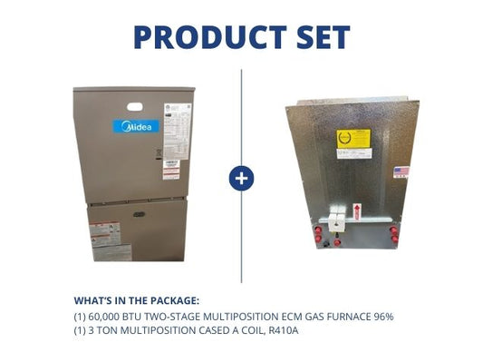60,000 BTU Two-Stage Multiposition ECM Gas Furnace 96% and 3 Ton Multiposition Cased A Coil, R410A