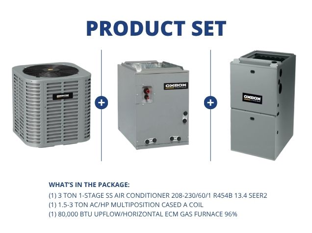 3 Ton SS AC R454B 13.4 SEER2, 1.5-3 Ton Multi Cased A Coil, 80,000 BTU Up/Horz ECM Gas Furnace 96%