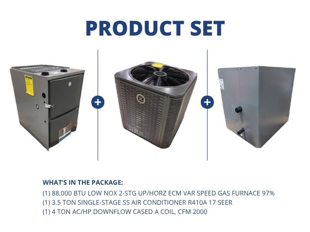88,000 BTU Low NOx Up/Horz Gas Furnace 97%, 3.5 Ton AC R410A 17 SEER with 4 Ton Down Cased A Coil