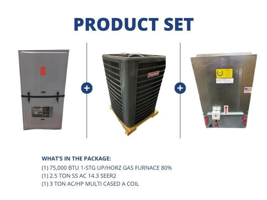 75,000 BTU Up/Horz ECM Gas Furnace 80%, 2.5 Ton SS AC 14.3 SEER2 with 3 Ton AC/HP Multi Cased A Coil