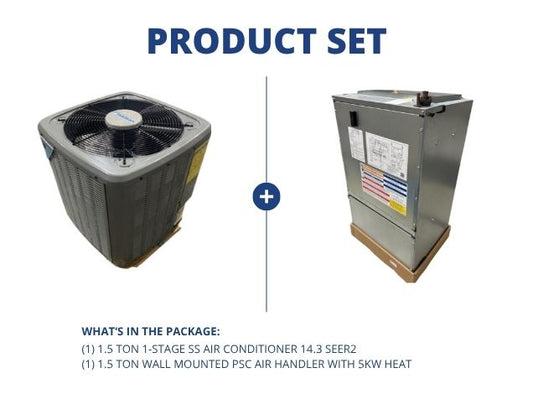 1.5 Ton 1-Stg SS Air Conditioner 14.3 SEER2 and 1.5 Ton Wall Mounted PSC Air Handler With 5Kw Heat