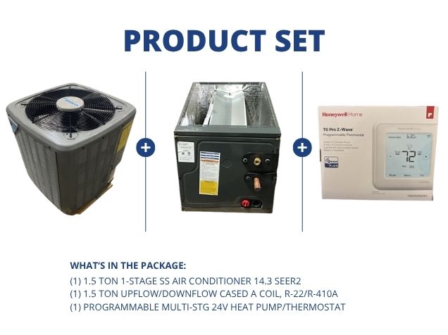 1.5 Ton 1-Stg SS Air Conditioner 14.3 SEER2 with 1.5 Ton Up/Down Cased A Coil and 24V Thermostat