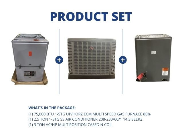 75,000 BTU 1-Stg Up/Horz Gas Furnace 80%, 2.5 Ton 1-Stg SS AC 14.3 SEER2, 3 Ton Multi Cased N Coil