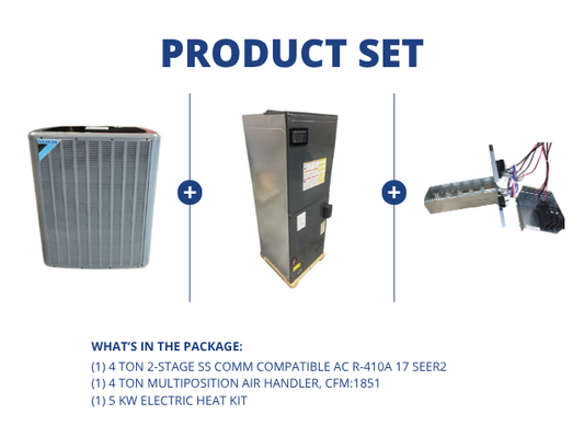 4 Ton 2-Stage SS Comm Compatible AC R-410A 17 SEER2, 4 Ton Multiposition Air Handler with 5 KW Heat
