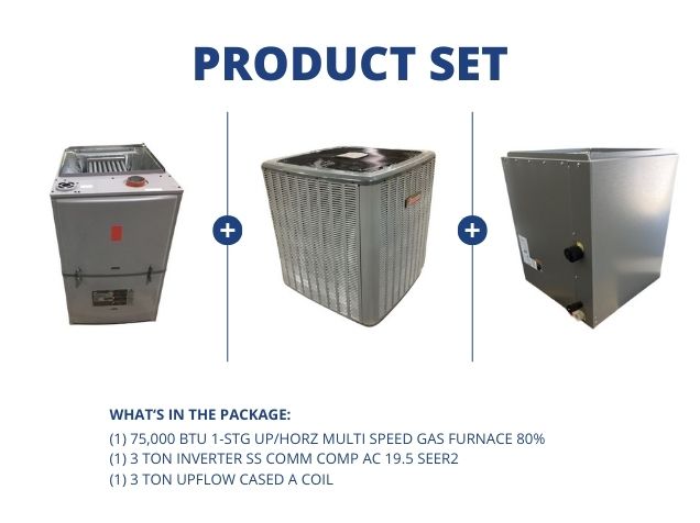 75,000 BTU Up/Horz Gas Furnace 80%, 3 Ton Inverter Comm Comp AC 19.5 SEER2 and 3 Ton Up Cased A Coil
