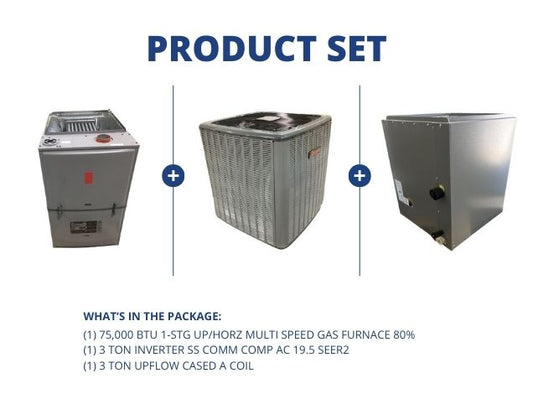 75,000 BTU Up/Horz Gas Furnace 80%, 3 Ton Inverter Comm Comp AC 19.5 SEER2 and 3 Ton Up Cased A Coil
