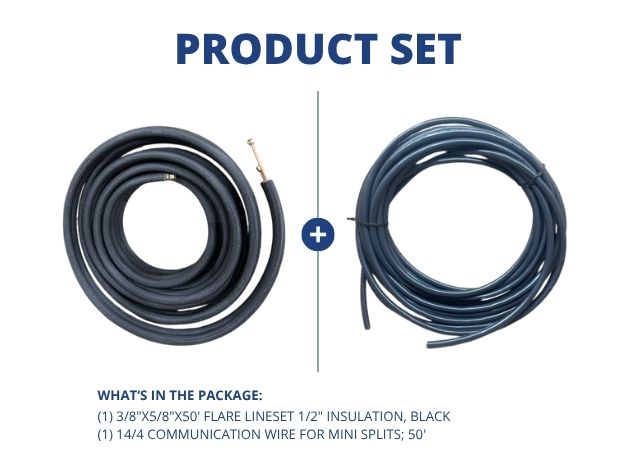 3/8"x5/8"x50' Flare Lineset 1/2" Insulation, Black with 14/4 Communication Wire for Mini Splits; 50'