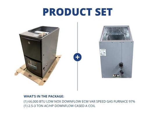 66,000 BTU Low NOx Downflow ECM Var Speed Gas Furnace 97% with 2.5-3 Ton AC/HP Downflow Cased A Coil