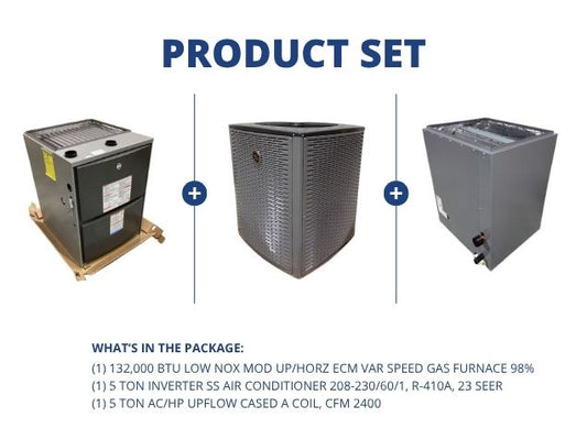 132,000 BTU Low NOx Up/Horz Gas Furnace 98%, 5 Ton Inverter SS AC 23 SEER, 5 Ton Upflow Cased A Coil