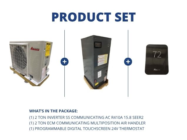 2 Ton Inverter Comm AC R410A 15.8 SEER2, 2 Ton ECM Comm Multiposition Air Handler and 24V Thermostat