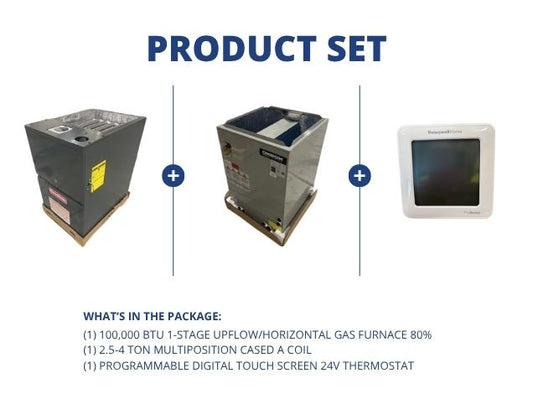 100,000 BTU 1-Stg Up/Horz Gas Furnace 80%, 2.5-4 Ton Multiposition Cased A Coil with 24V Thermostat