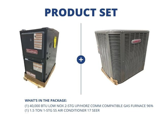 40,000 BTU Low NOx 2-Stg Up/Horz ECM Comm Compatible Gas Furnace 96% and 1.5 Ton 1-Stg SS AC 17 SEER
